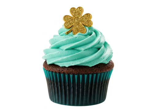 A festive chocolate cupcake topped with vibrant green frosting and a golden shamrock isolated on transparent background