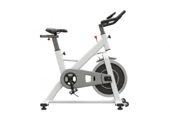 A modern white exercise bike, designed for effective cardiovascular workouts isolated on transparent background