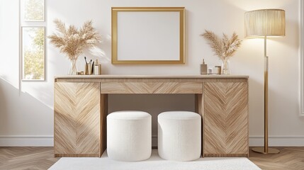 Light-filled vanity area with wooden accents and neutral tones.