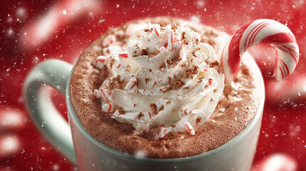 Close-up of hot chocolate with whipped cream and a candy cane in a festive setting. Cozy Christmas dessert drink with soft lights and warm winter holiday mood