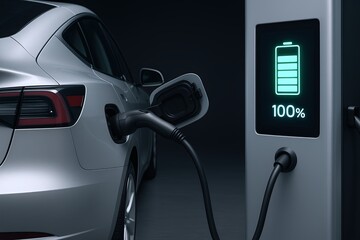 Modern electric vehicle charging station connected to a sleek car with full battery display.