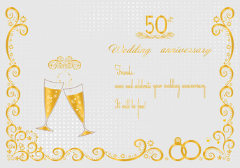 Beautiful fiftieth wedding anniversary greeting card. Text. Decorative golden champagne flutes. Digital vector illustration