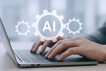 Hands Typing on Laptop Keyboard with AI Gear and Technology Icons Overlaid.