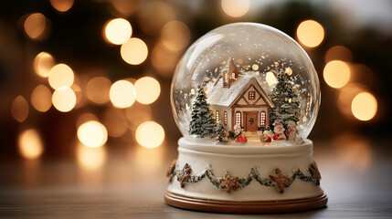 Close-up of a decorative snow globe with a Christmas winter scene inside and glowing festive lights in the background. Cozy holiday atmosphere and magical seasonal decor