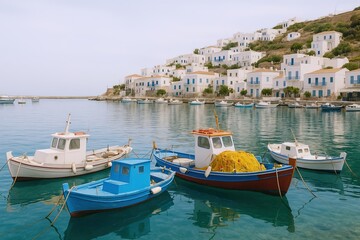 Fototapeta premium Scenic Greek seaside village with whitewashed cottages blue windows boats harbor landscape.