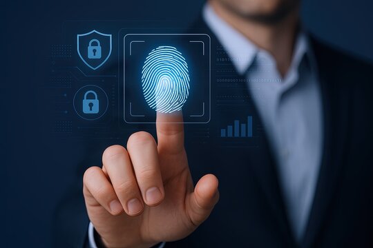 Businessman Using Biometric Fingerprint Scanner for Security Authentication.