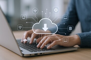 Modern cloud computing concept with digital icons representing data transfer and connection.