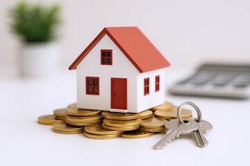 Small white house with red roof and windows on gold coins with keys in background.