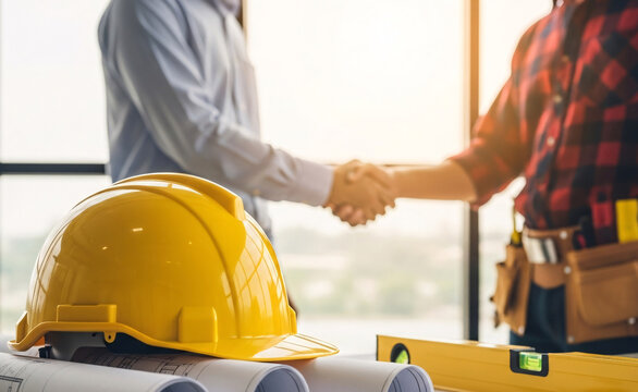 Construction workers in hard hats shaking hands over blueprints and tools - Powered by Adobe