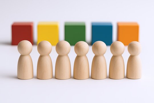 Diverse group of seven wooden figurines standing in front of colorful cubes on a white background. - Powered by Adobe