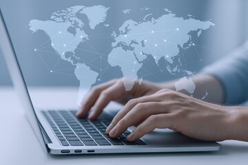 Businesswoman Using Laptop with Digital World Map and Network Connections Display.