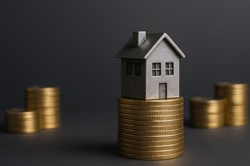 Modern gray house model placed on a stack of gold coins with additional stacks in the background.