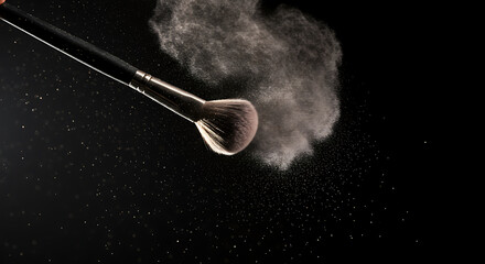 Makeup Brush Release Capturing Beauty and Dust in Motion on a Black Backdrop, powder explosion with a cosmetic tool.