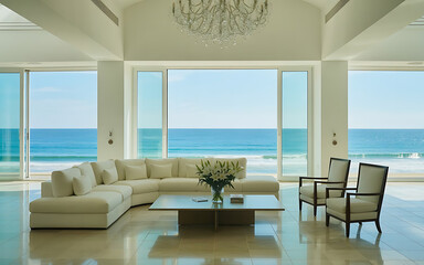 luxurious Spacious modern living room with ocean view,  cream furniture, light-blue marbled floors, large windows, and a crystal chandelier.  