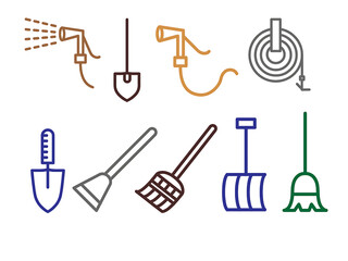 Outlined icons of various gardening and cleaning tools. A spray nozzle, positioned at the top-left, features a nozzle spraying water. To its right, a shovel, a garden hose, and a trowel are displayed.