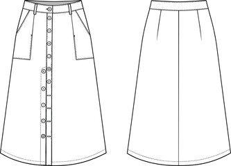 Skirt technical drawing, front and back view, fashion CAD vector illustration, apparel design, sewing pattern, garment sketch, template layout