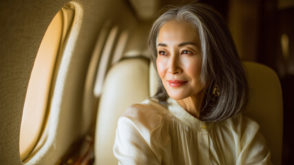 Obraz premium 60代女性が優雅に機内で微笑む