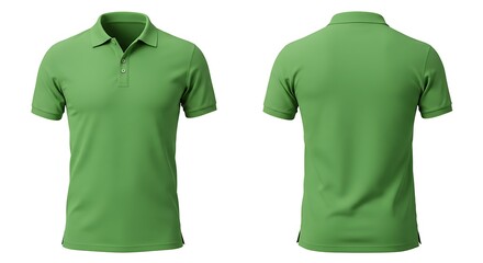 Front and back view of a green polo shirt, isolated on white background