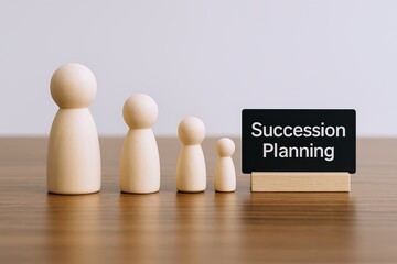 Four wooden figurines of varying sizes arranged in a row with a small blackboard displaying succession planning on a wooden surface.