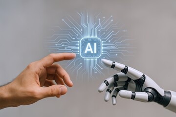 Human hand and robotic hand reaching towards digital AI icon with sci-fi circuit lines.
