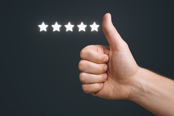 Hand Giving Thumbs Up Gesture with Five Star Rating Illustration on Dark Background.