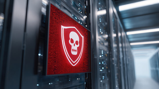Red warning screen with skull icon signals cybersecurity threat alert in modern server room, highlighting data breach risk and digital danger