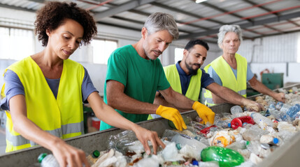 Group of workers sorting plastic, glass, and paper waste at recycling facility, teamwork and focus on environmental responsibility