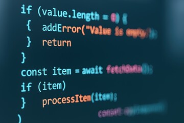Close-up of computer code highlighting programming syntax on dark screen background.