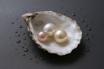 Elegant pearl jewelry display with three pearls inside oyster shell on black textured background.