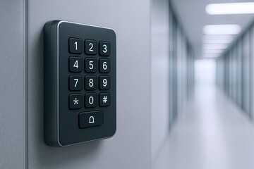 Modern security access keypad mounted on wall in bright corporate office corridor.