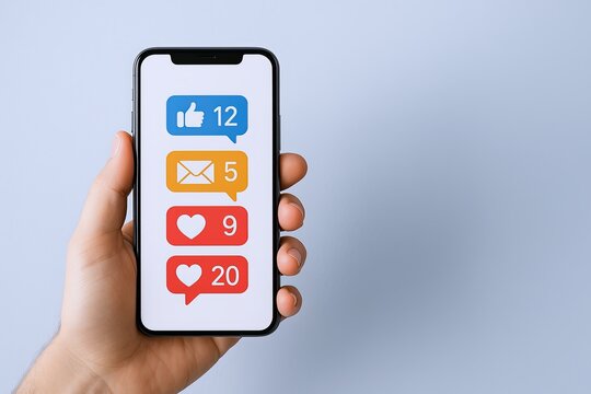 Hand holding smartphone displaying social media icons with like comment and love counts.
