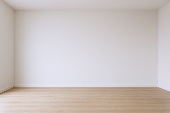Empty minimalist room with plain white wall and light wooden floor interior space.