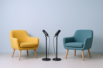 Fototapeta premium Minimalist Modern Interview Setup with Two Armchairs and Microphones on Light Wall.