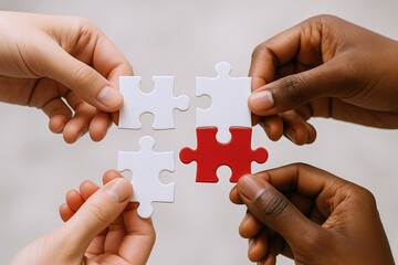 Diverse hands connecting puzzle pieces symbolizing teamwork cooperation and unity.