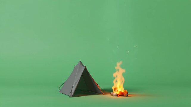 A small tent with camp fire isolated with green background