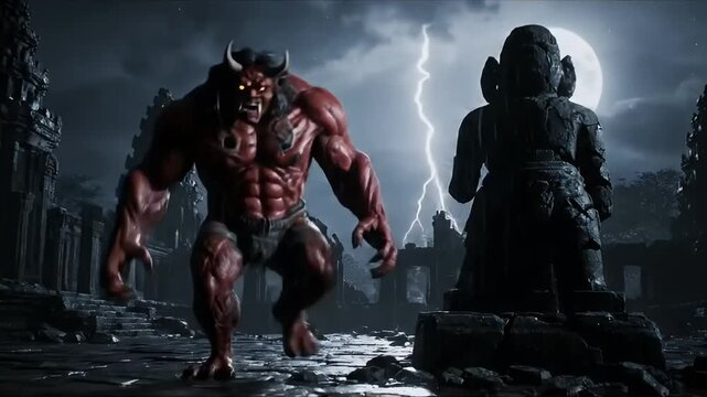 A menacing Minotaur walking in a storm-ravaged ancient cityscape.