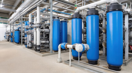 Industrial water treatment plant with blue filtration tanks, metal pipes, and modern equipment in clean, bright facility interior
