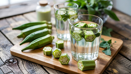 Okra slices floating in clear water in glasses lady fingers