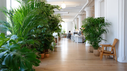 Modern office with indoor plants wooden floor natural light open workspace green certified eco friendly relaxing atmosphere people working
