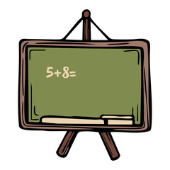 Hand drawn chalkboard on easel displaying math equation , with chalk resting on the tray. ideal for use in educational materials, worksheets, or school themed designs. Vector art