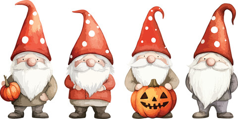 Watercolor Halloween Gnomes with Pumpkin Illustration on White Background for Holiday Designs
