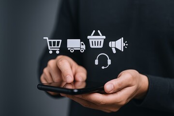 Close up of person using smartphone with shopping cart delivery delivery truck and loudspeaker icons.