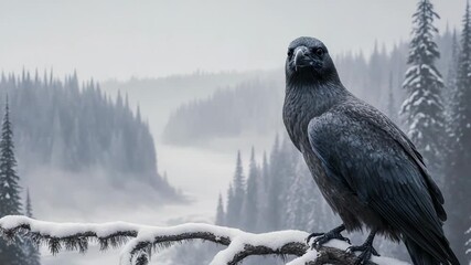 Raven perched on snow covered branch in winter forest landscape - Powered by Adobe