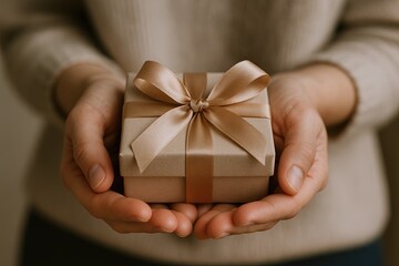 Woman holding small decorated gift box with ribbon close up in warm indoor lighting.