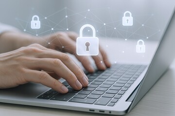 Digital security concept with padlocks and network connections on a laptop screen.