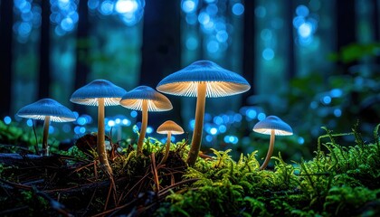 Fototapeta premium Glowing mushrooms in a mystical forest (1)