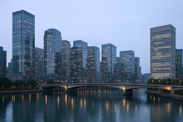 Fototapeta premium Modern city skyline with tall skyscrapers and illuminated windows over river twilight scene.