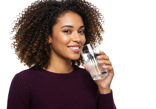 A smiling young woman with curly hair holds a glass of water, isolated on a transparent background