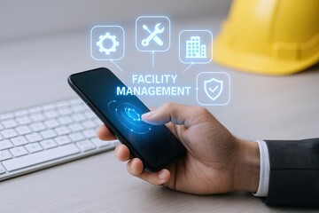 Modern Facility Management Concept with Smartphone and Control Icons in Office Setting.