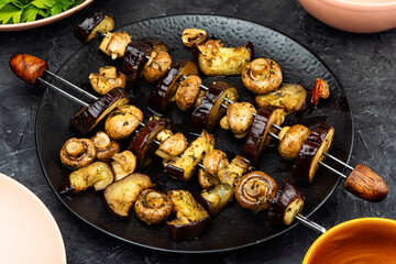 Plate of grilled vegetable skewers, kebabs.